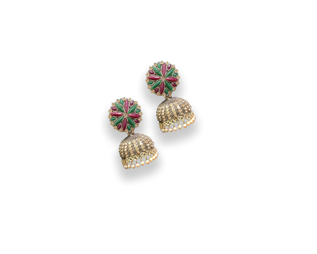 Ruby & Emerald Bloom Gold Jhumka