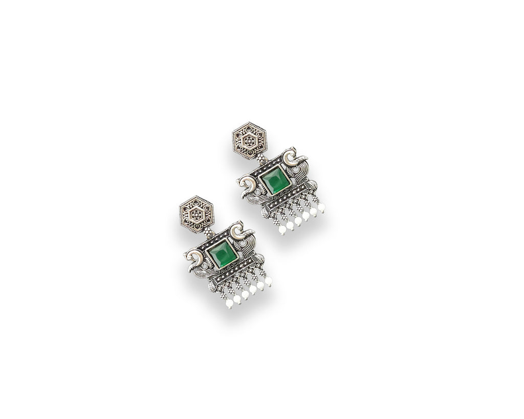 Oxidised Green Stone Heritage Drop Earrings