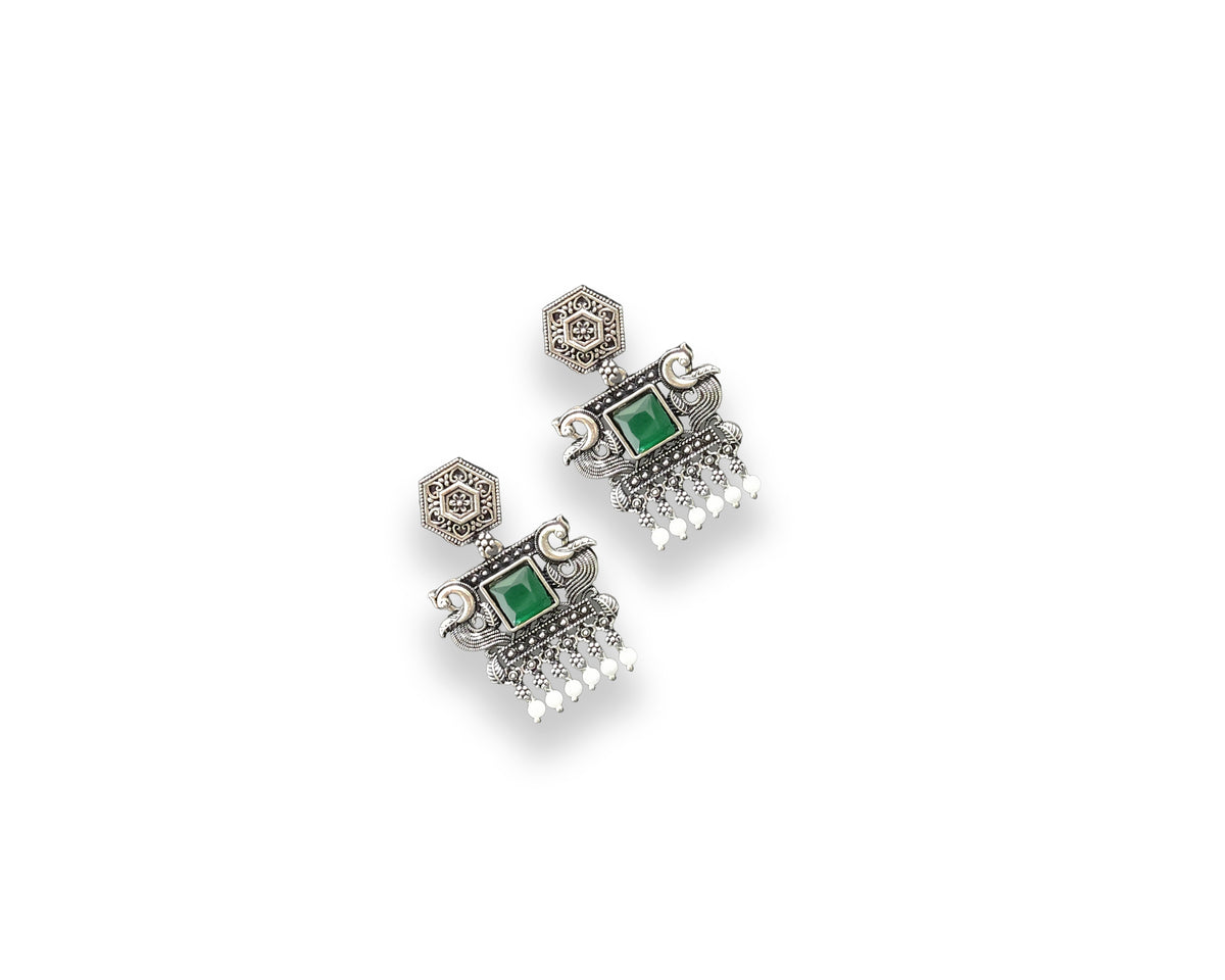 Oxidised Green Stone Heritage Drop Earrings