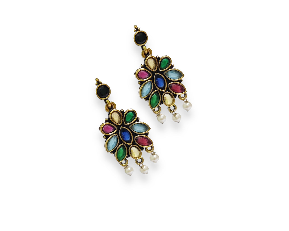 Navratna Bloom Pearl Drop Earrings