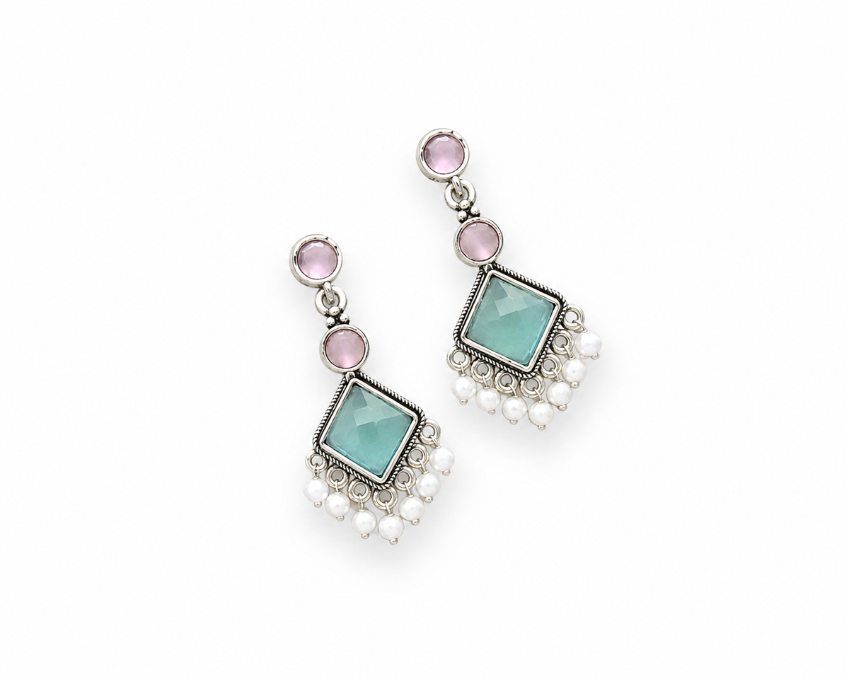 Elegant Aqua Blue Oxidized Silver Drop Earrings