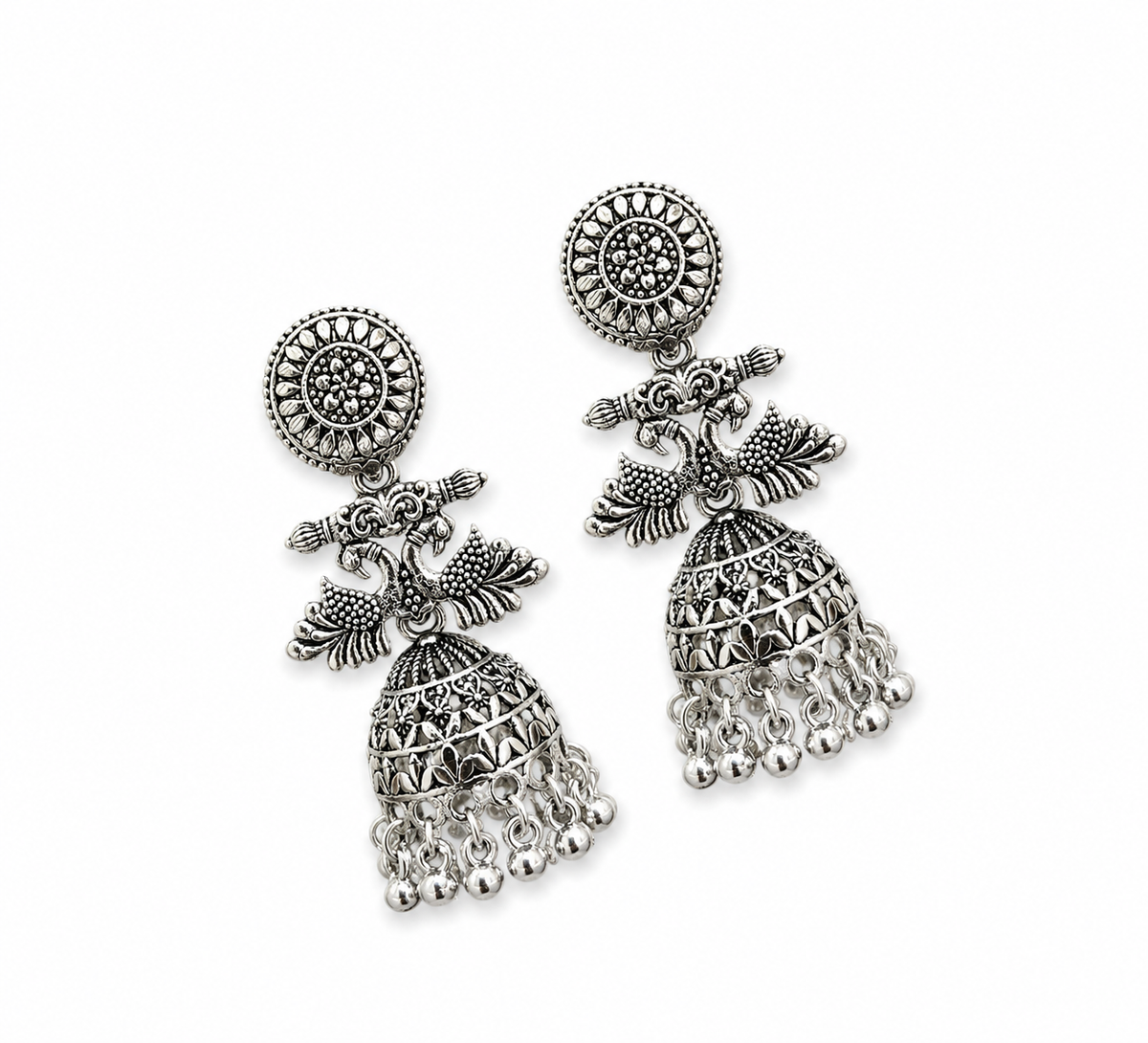 Oxidised Silver Floral Peacock Jhumka