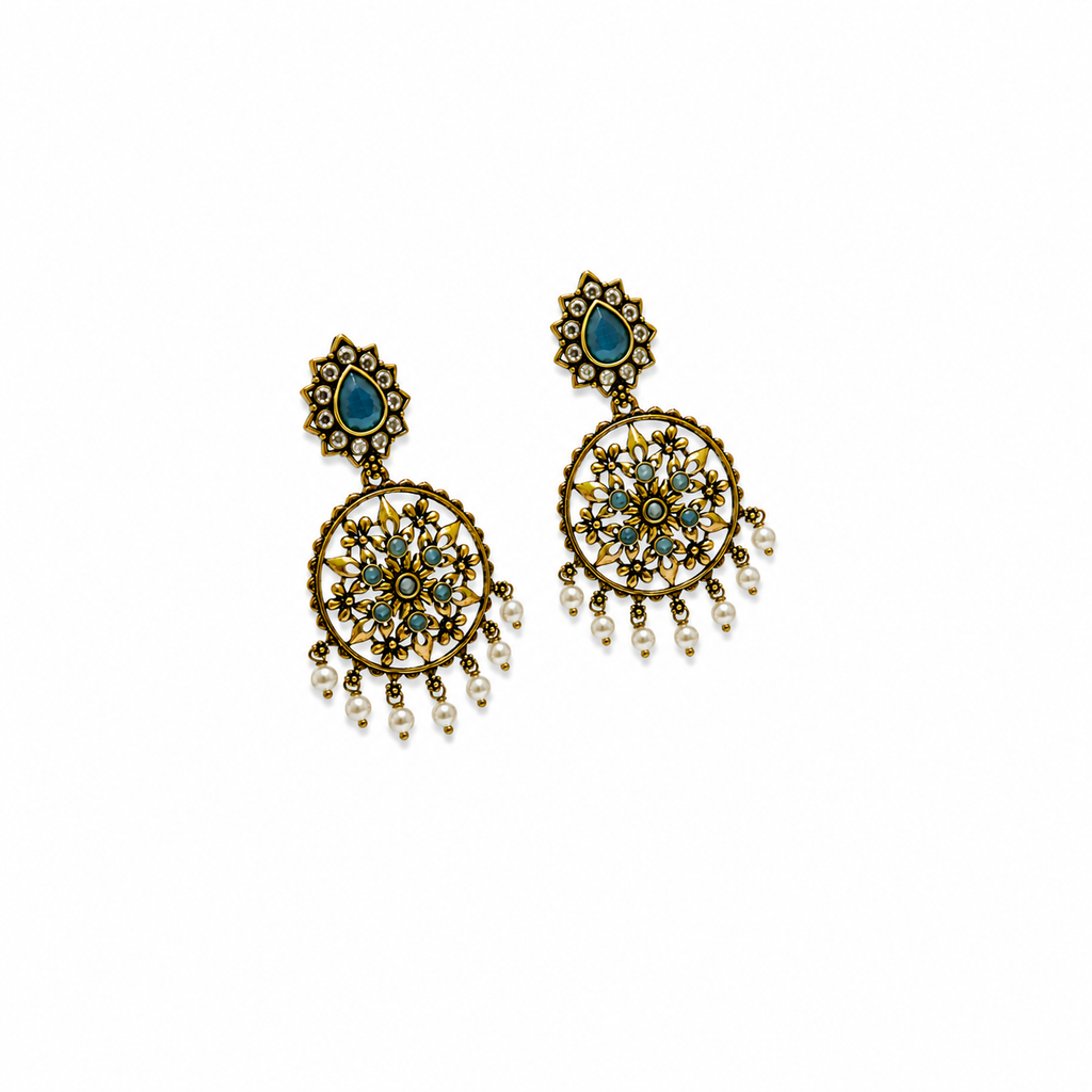 Teal Blue Floral Filigree Statement Earrings