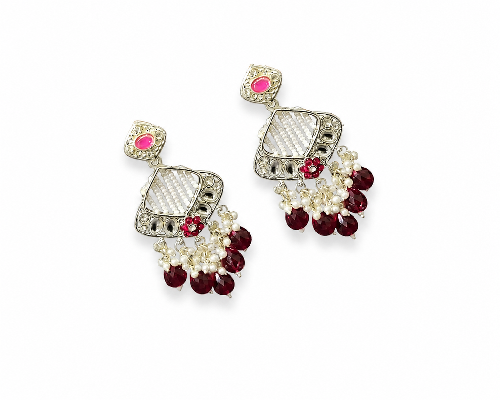 Pink Stone Pearl Cluster Drop Earring