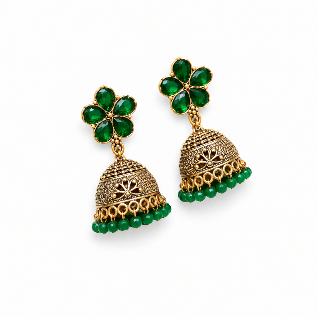 Emerald Green Floral Stone Jhumka