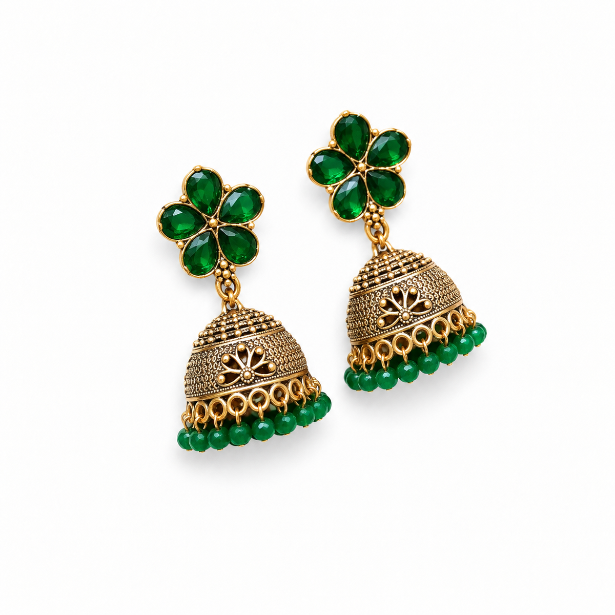 Emerald Green Floral Stone Jhumka