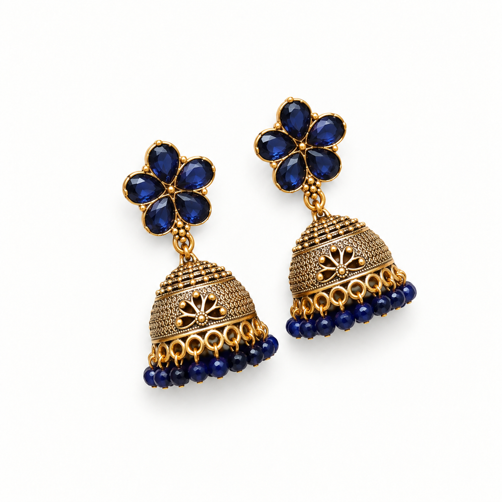 Midnight Blue Floral Stone Jhumka