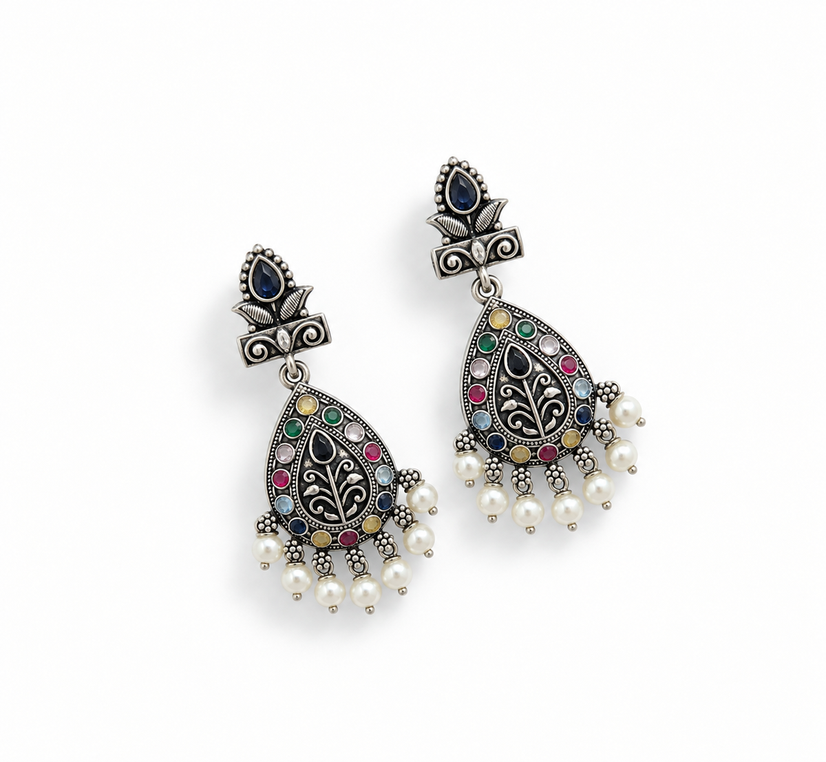 Antique Silver Multicolor Sone Drop Earrings