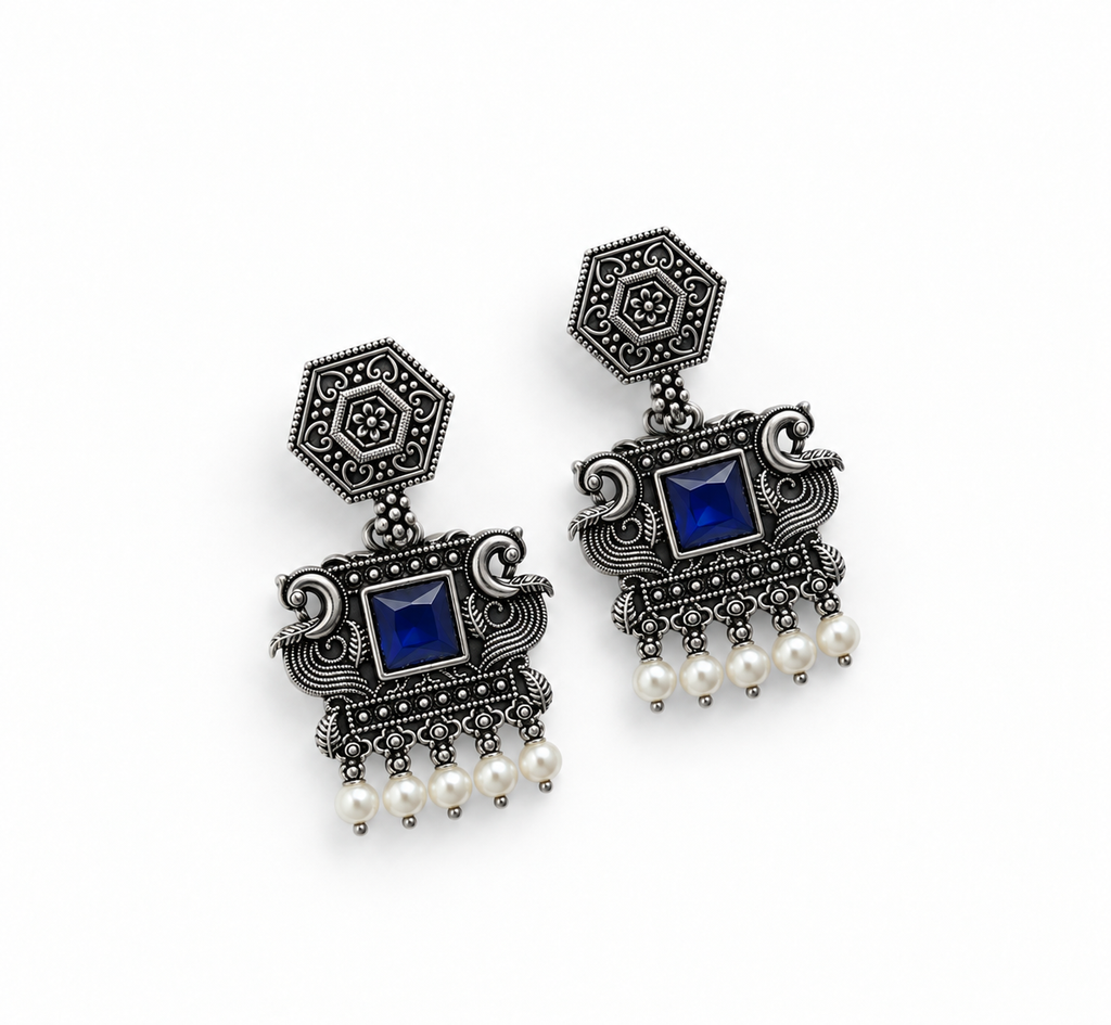 Oxidized Blue Stone Heritage Drop Earrings