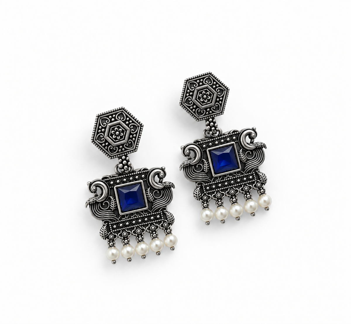 Oxidized Blue Stone Heritage Drop Earrings