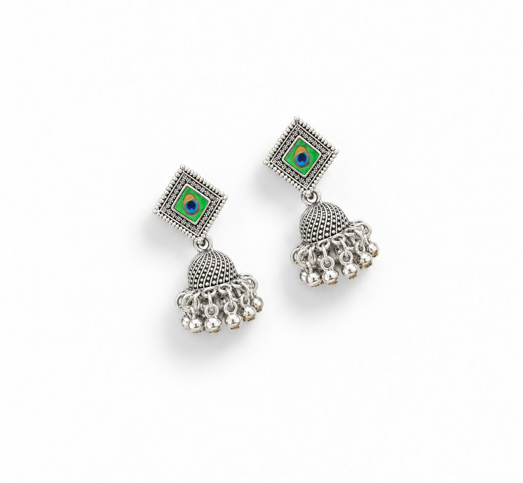 Oxidized Silver Peacock Feather Jhumka