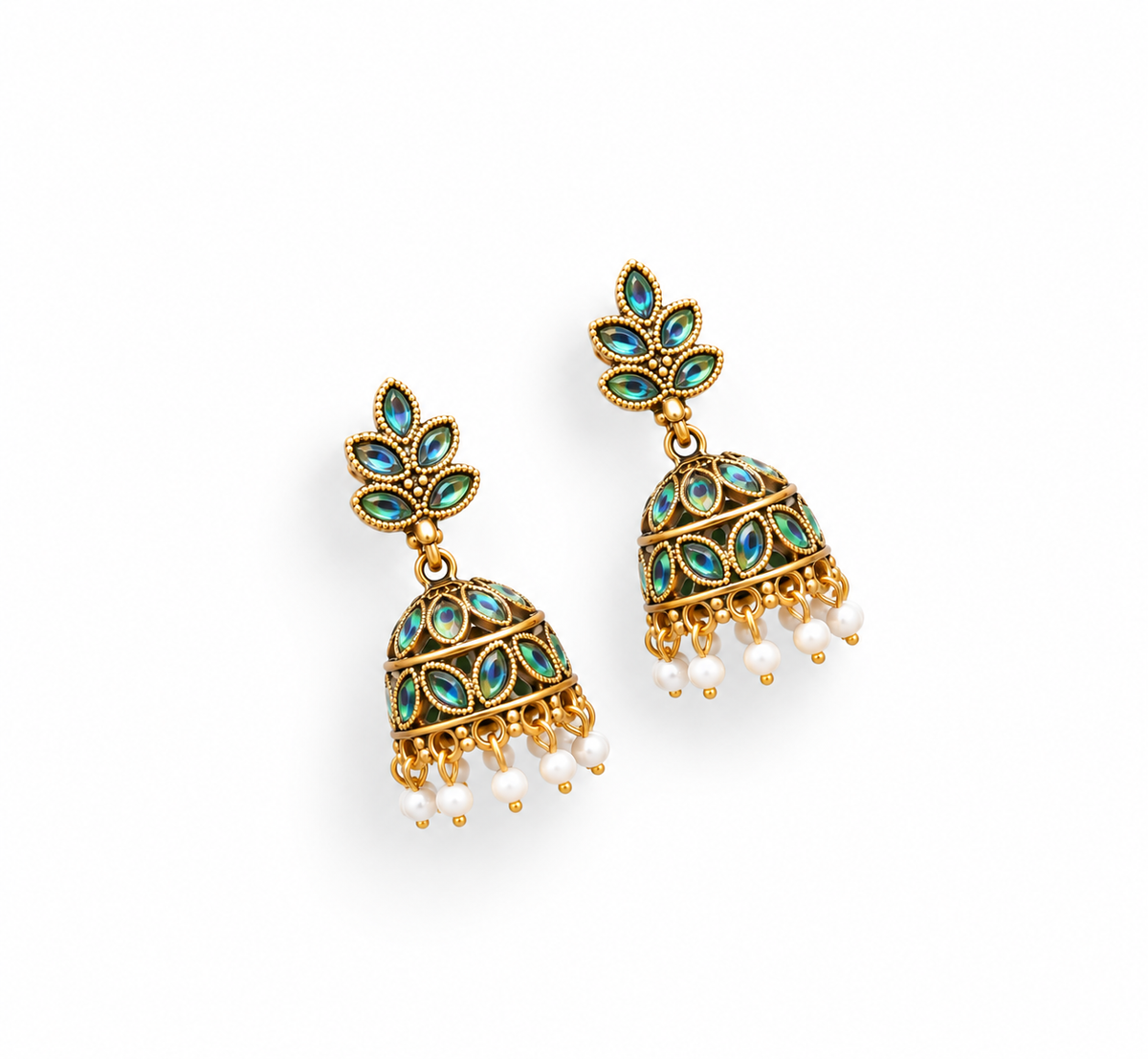 Peacock Green Antique Gold Jhumka