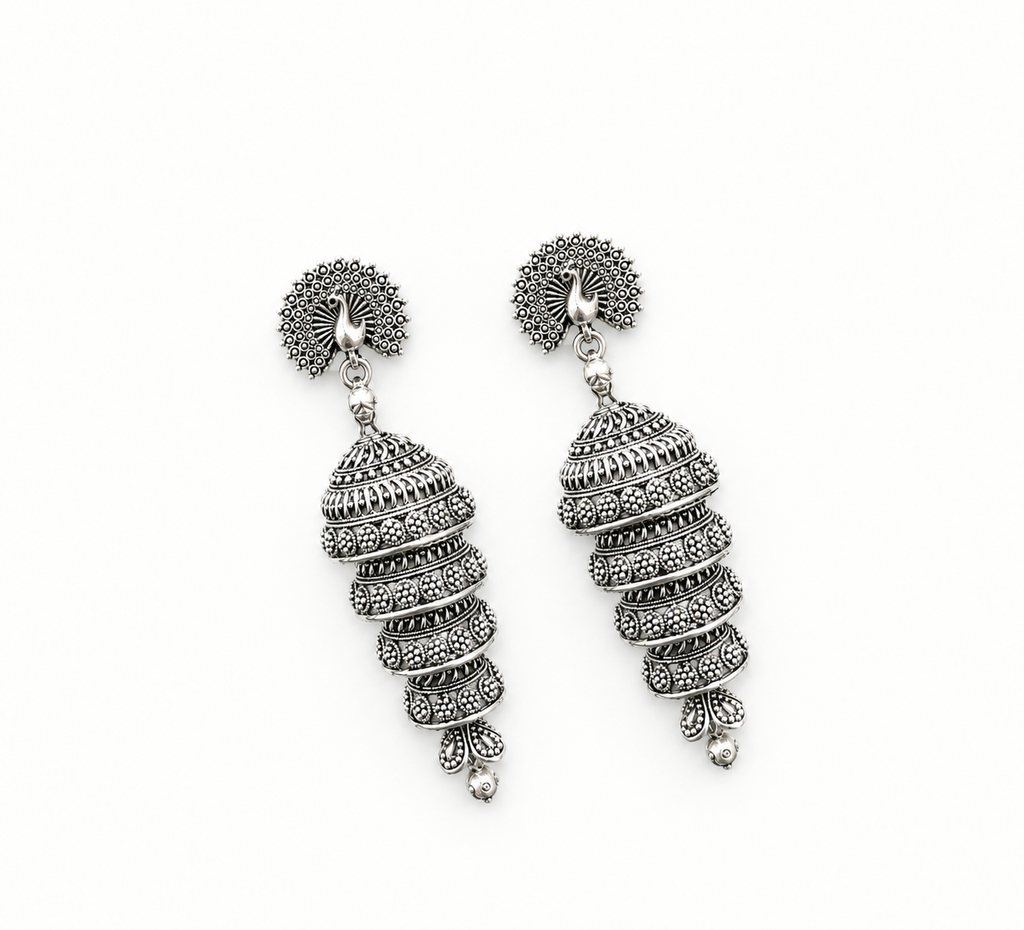 Oxidized Silver Peacock Jhumka