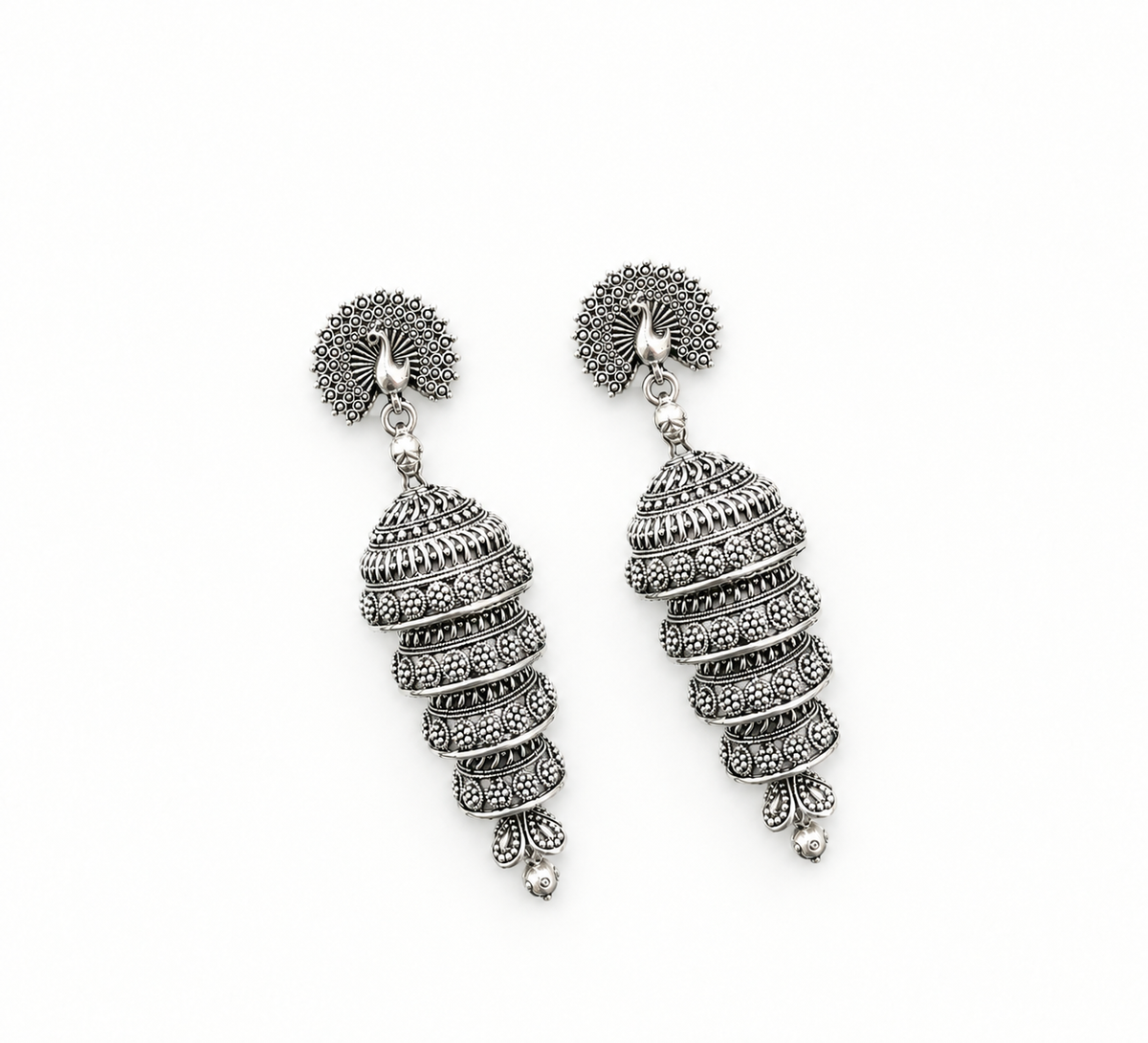 Oxidized Silver Peacock Jhumka