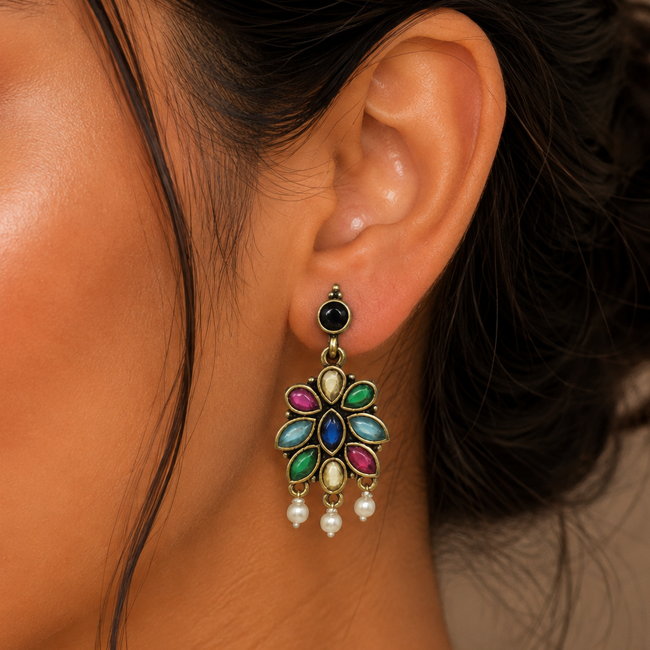 Navratna Bloom Pearl Drop Earrings