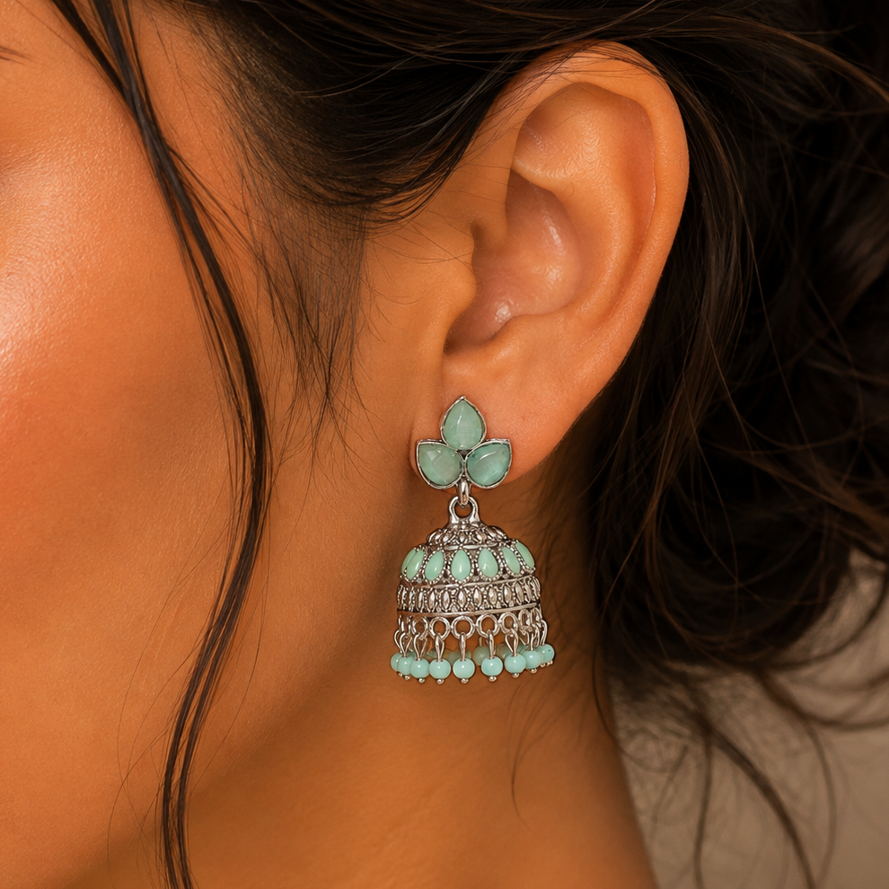 Mint Bloom Oxidised Jhumka