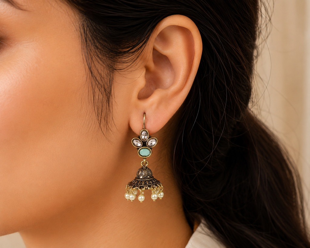 Mint Kundan Pearl Jhumka