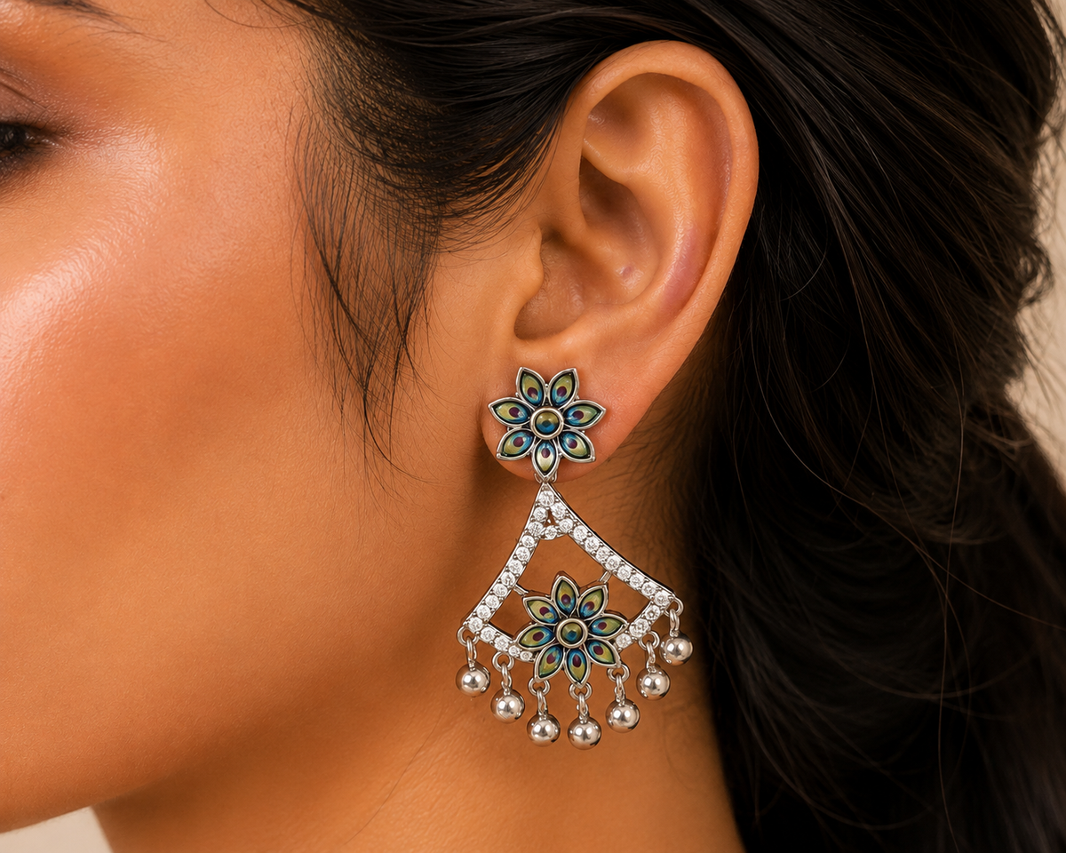 Oxidised Floral Stone Dangler Earrings