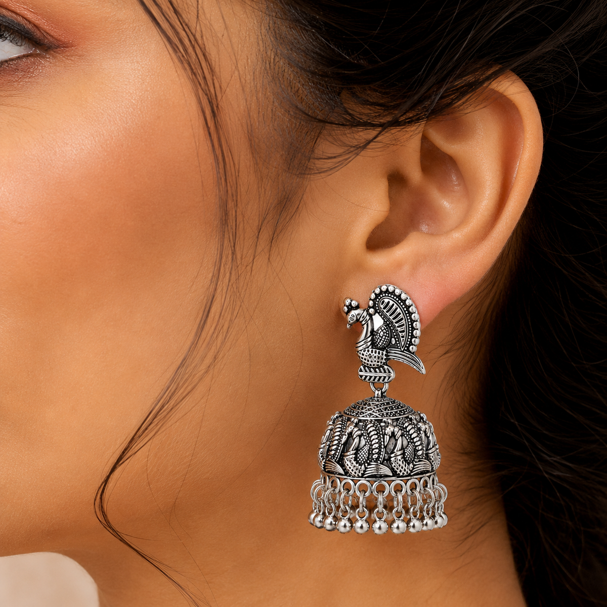 Oxidised Silver Peacock Jhumka Earrings