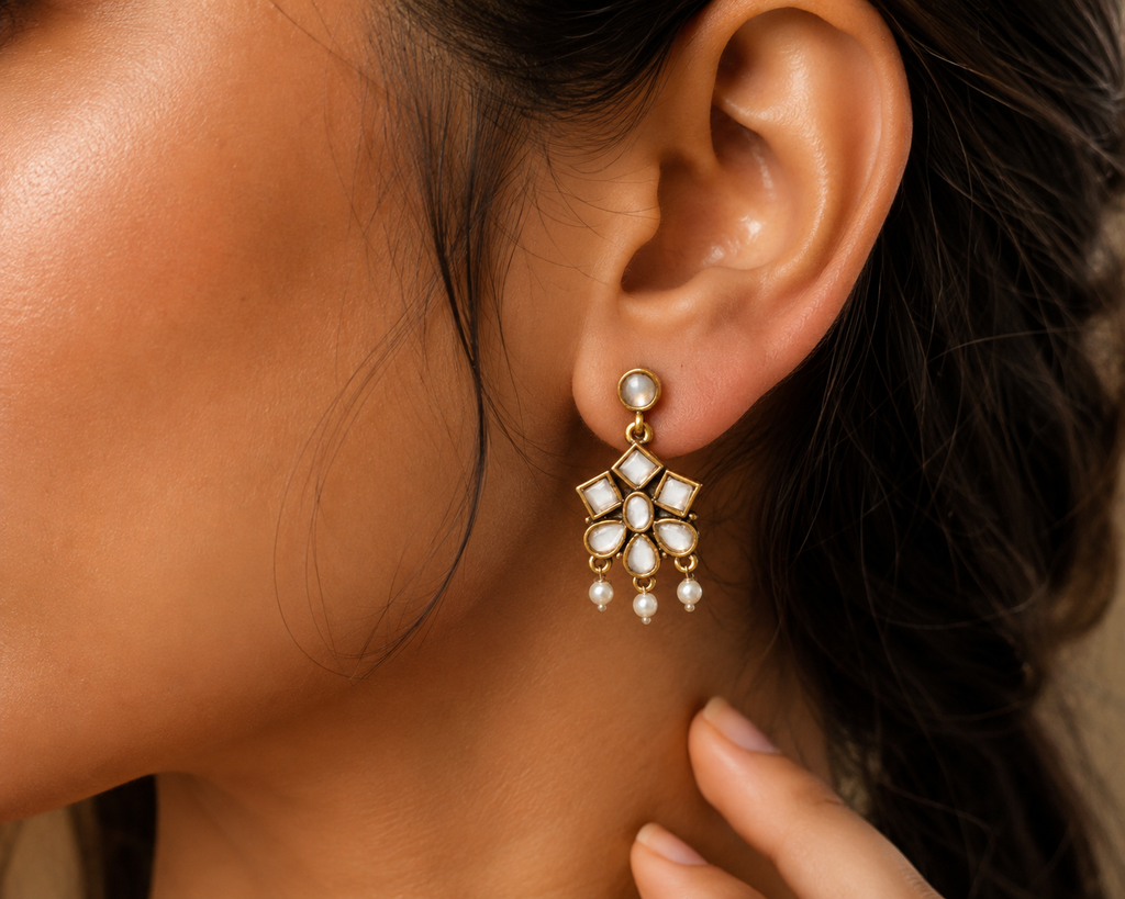 Ivory Kundan Pearl Drop Earrings