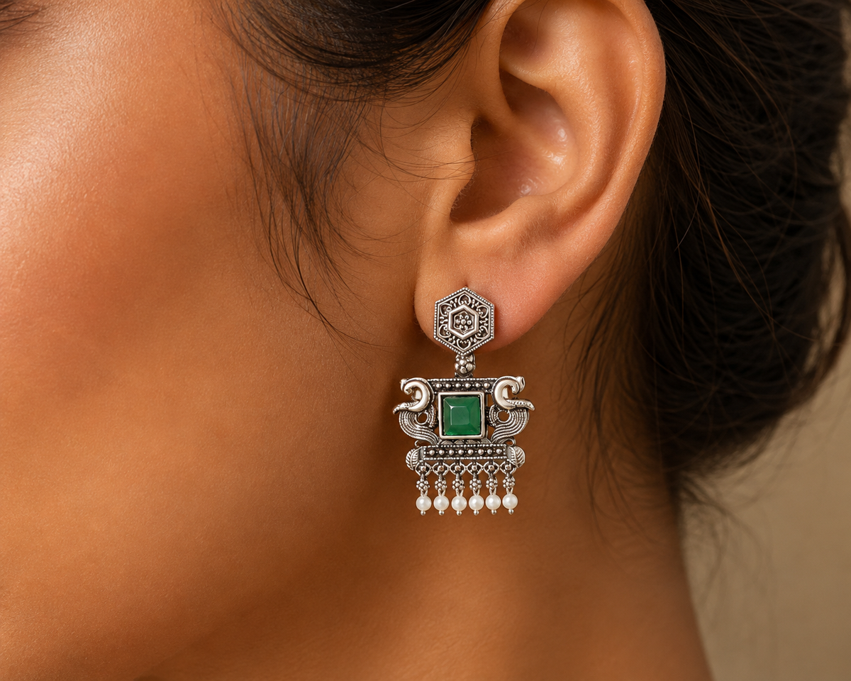Oxidised Green Stone Heritage Drop Earrings