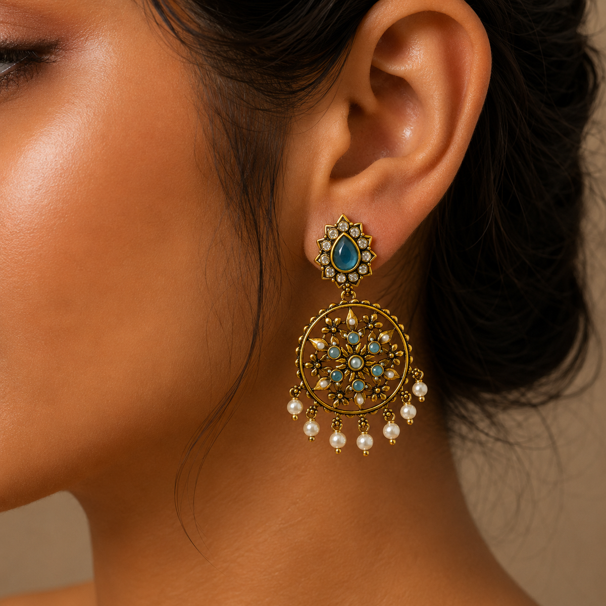 Teal Blue Floral Filigree Statement Earrings