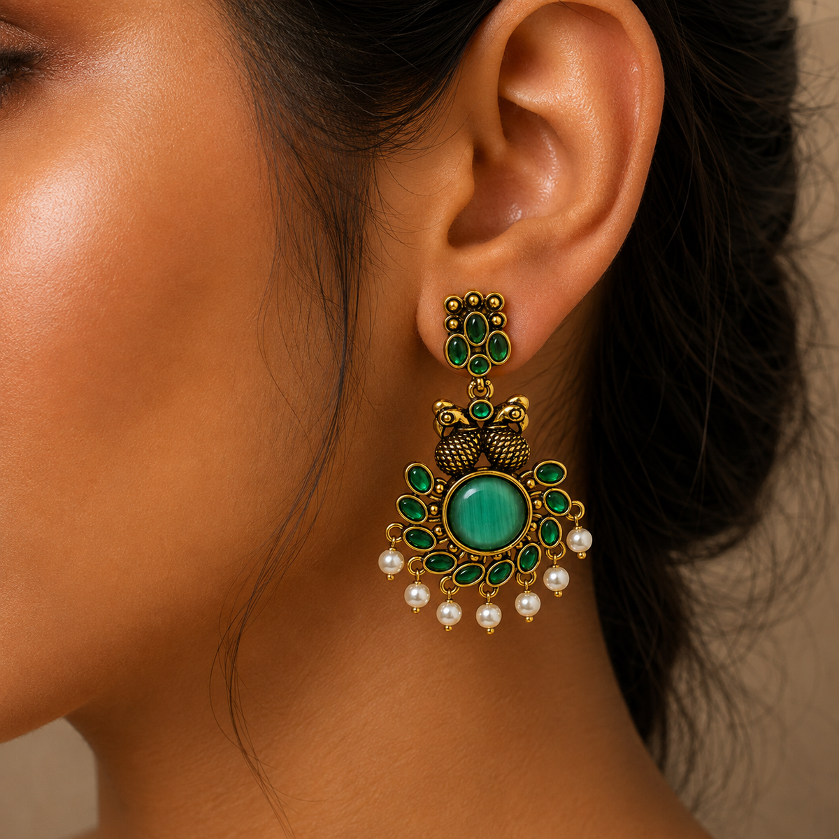 Emerald Peacock Gold Statement Earring