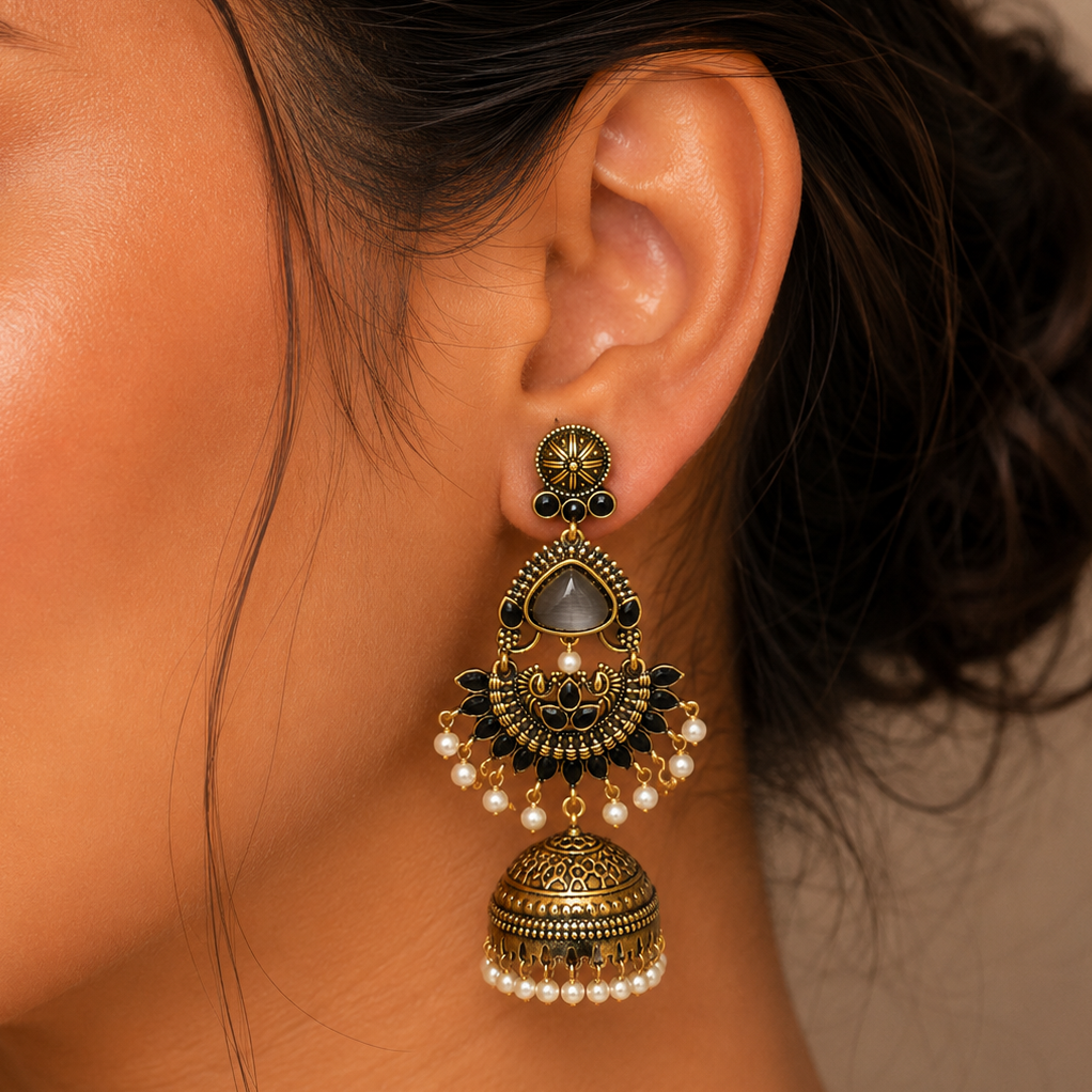 Antique Grey Stone Chandbali Jhumka