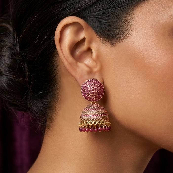Red Stone Studded Gold Jhumka