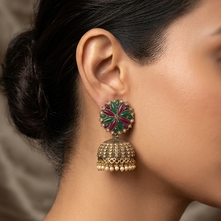 Ruby & Emerald Bloom Gold Jhumka