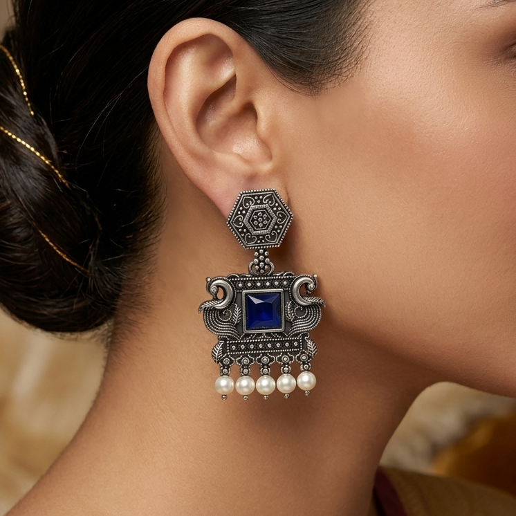 Oxidized Blue Stone Heritage Drop Earrings