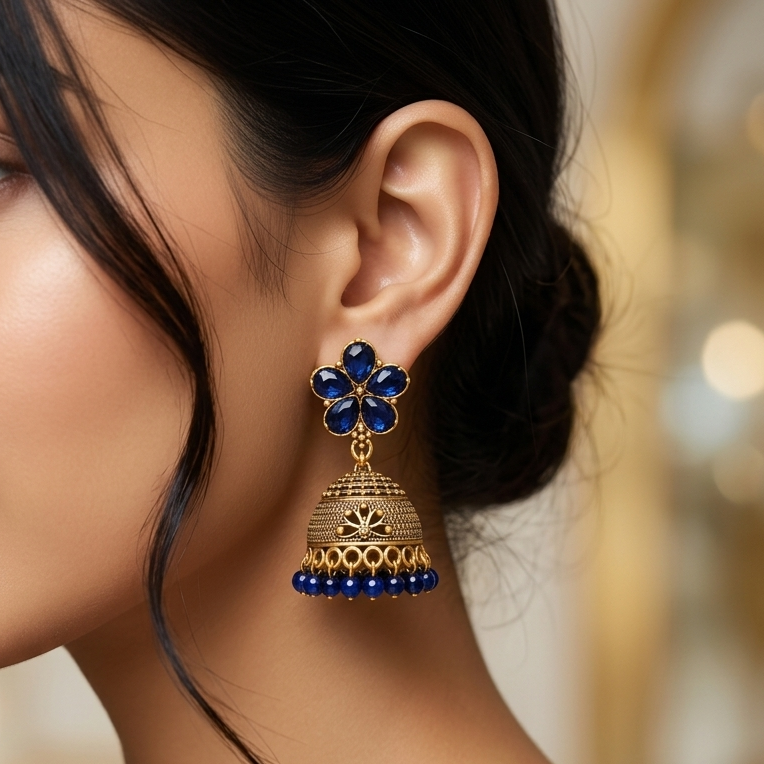 Midnight Blue Floral Stone Jhumka