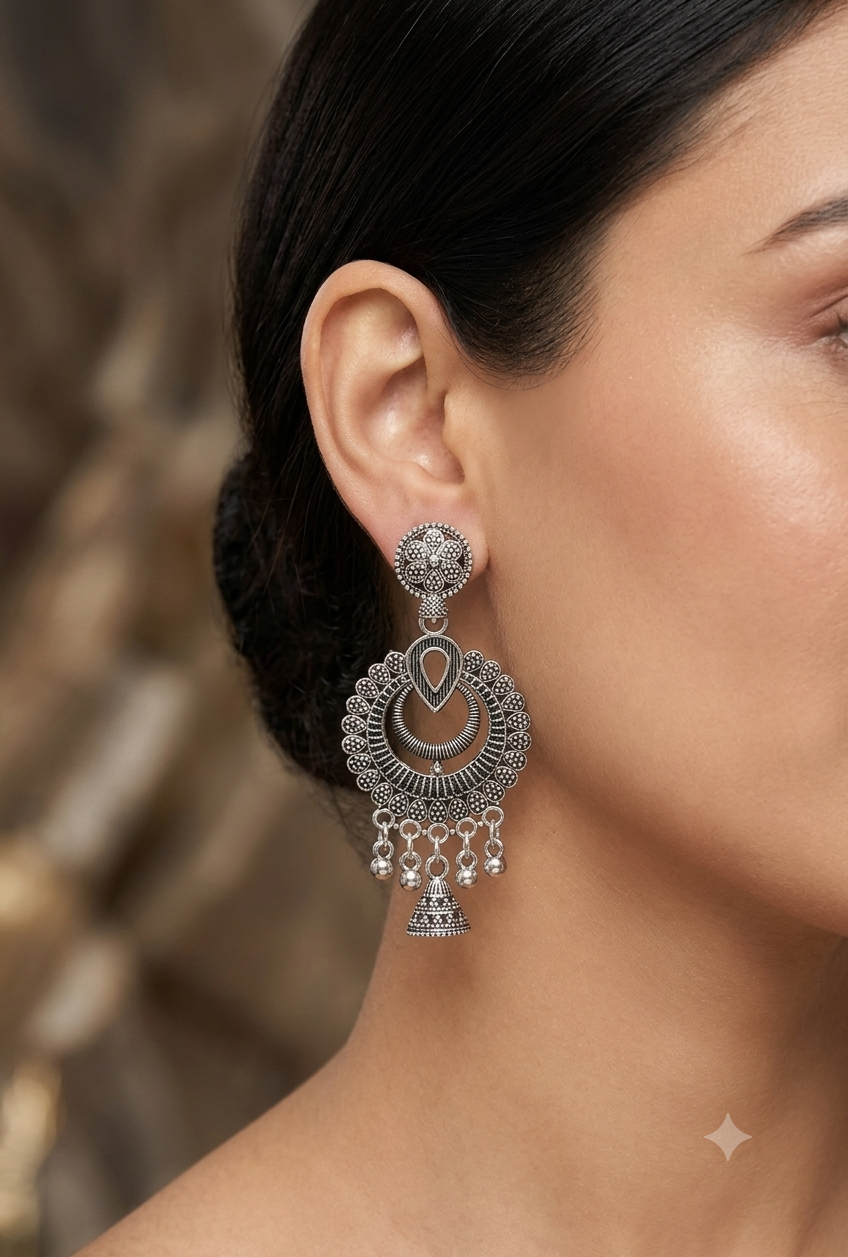 Oxidised Silver Floral Drop Earrings