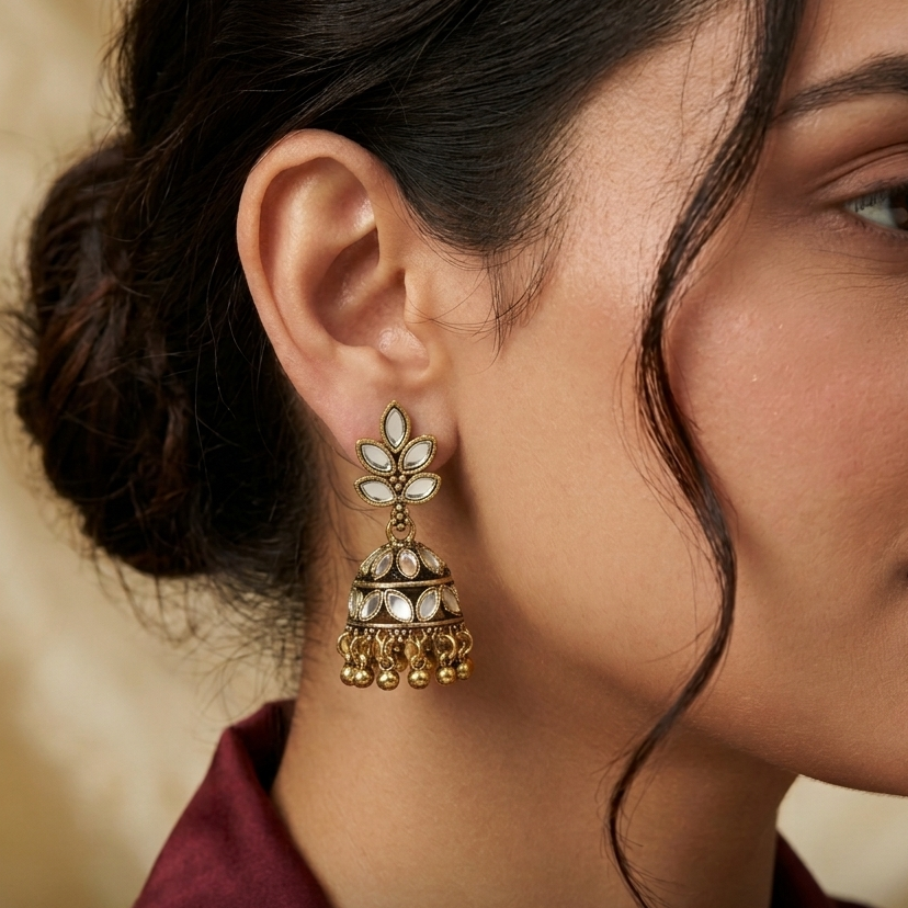 Leaf Motif White Stone Jhumka
