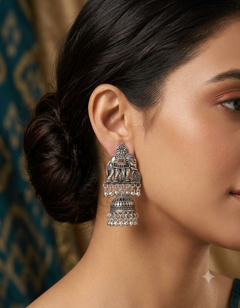 Oxidised Silver Elephant Jumka Earrings