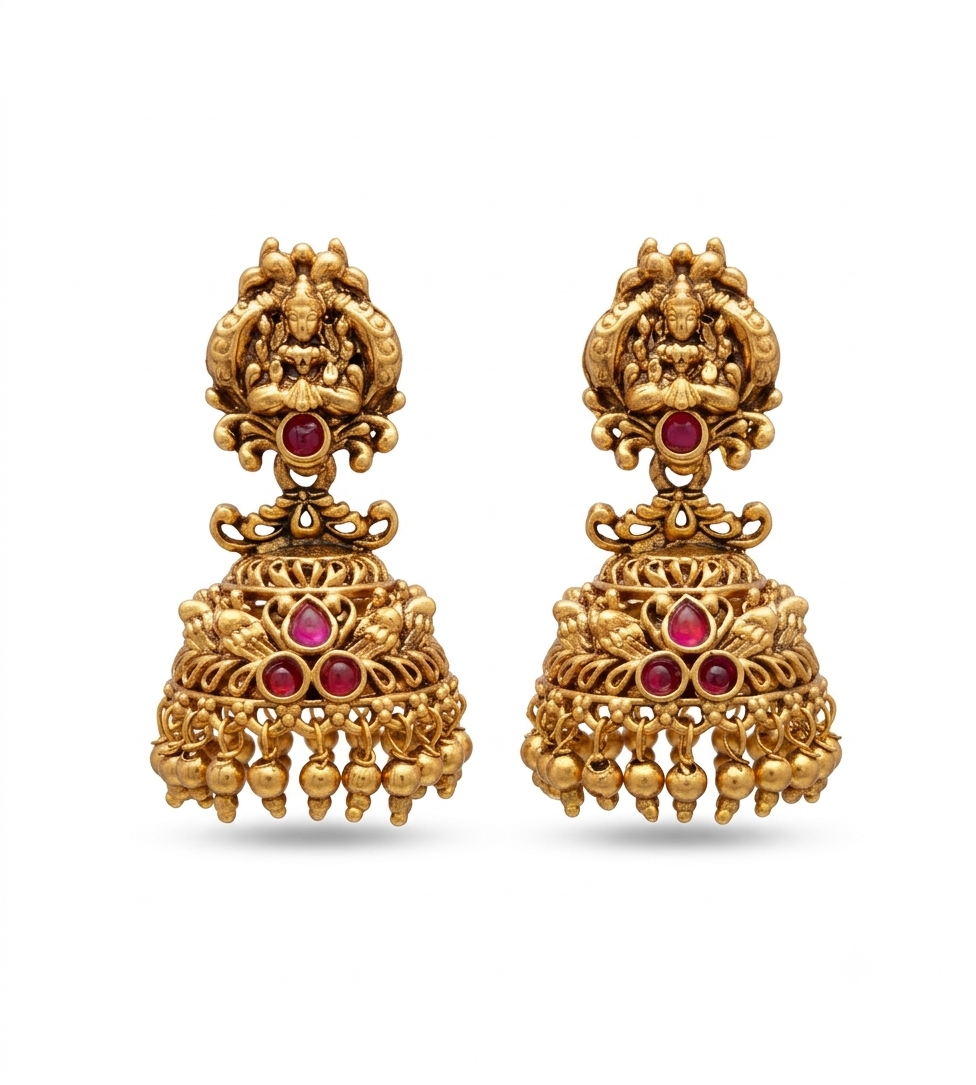Antique Lakshmi Motif Ruby Jhumka