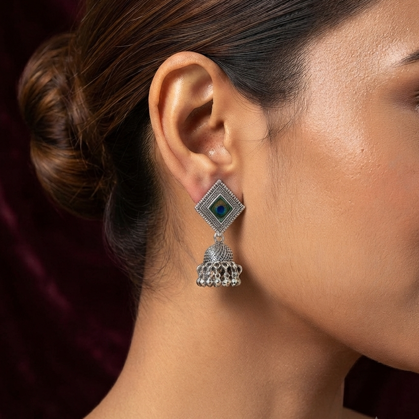Oxidized Silver Peacock Feather Jhumka