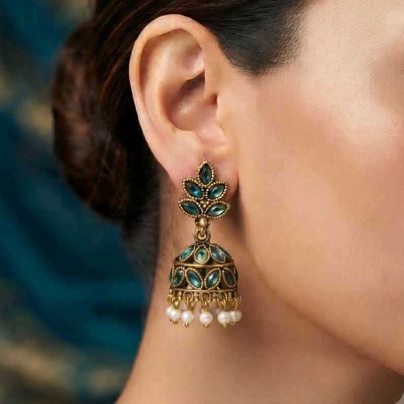 Peacock Green Antique Gold Jhumka