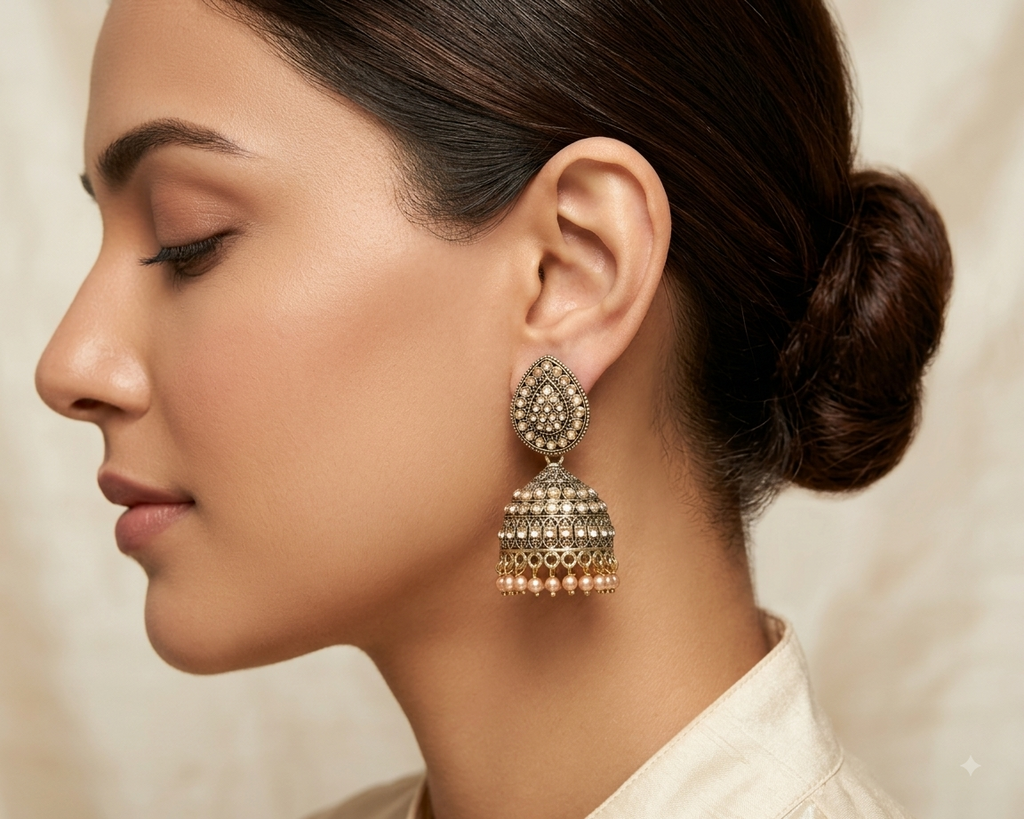 Antique Gold Ivory Bead Jhumka