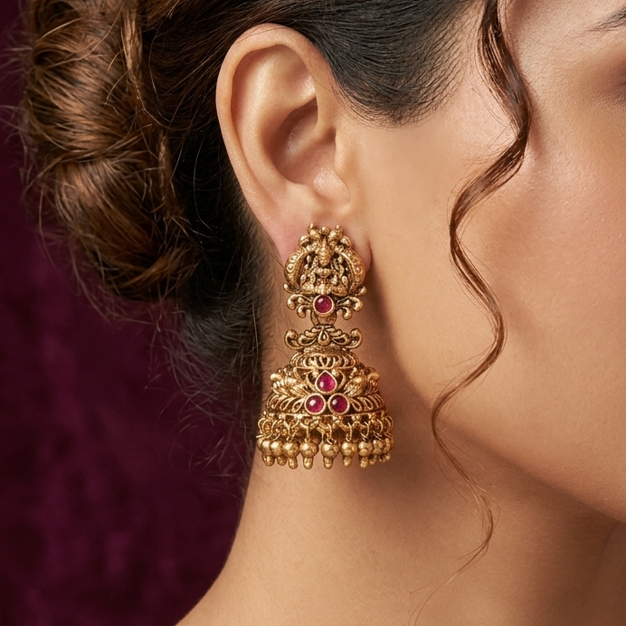 Antique Lakshmi Motif Ruby Jhumka