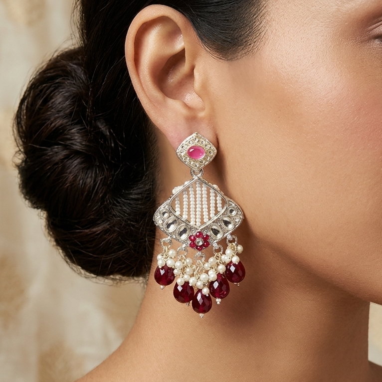 Pink Stone Pearl Cluster Drop Earring