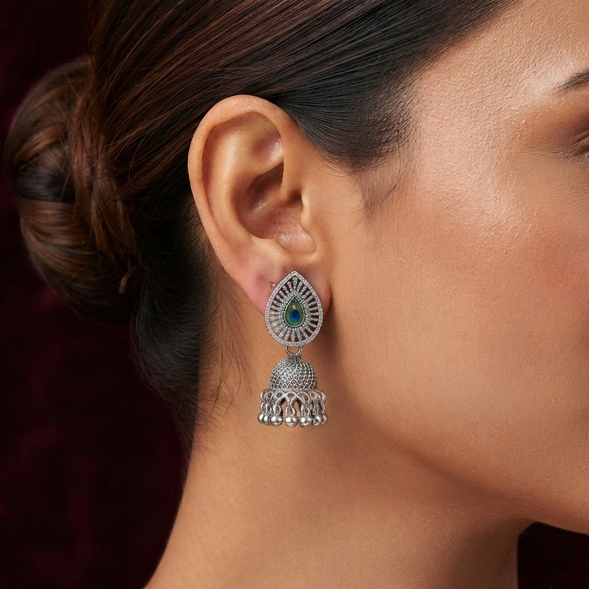 Oxidized Silver Peacock Feather Jhumka