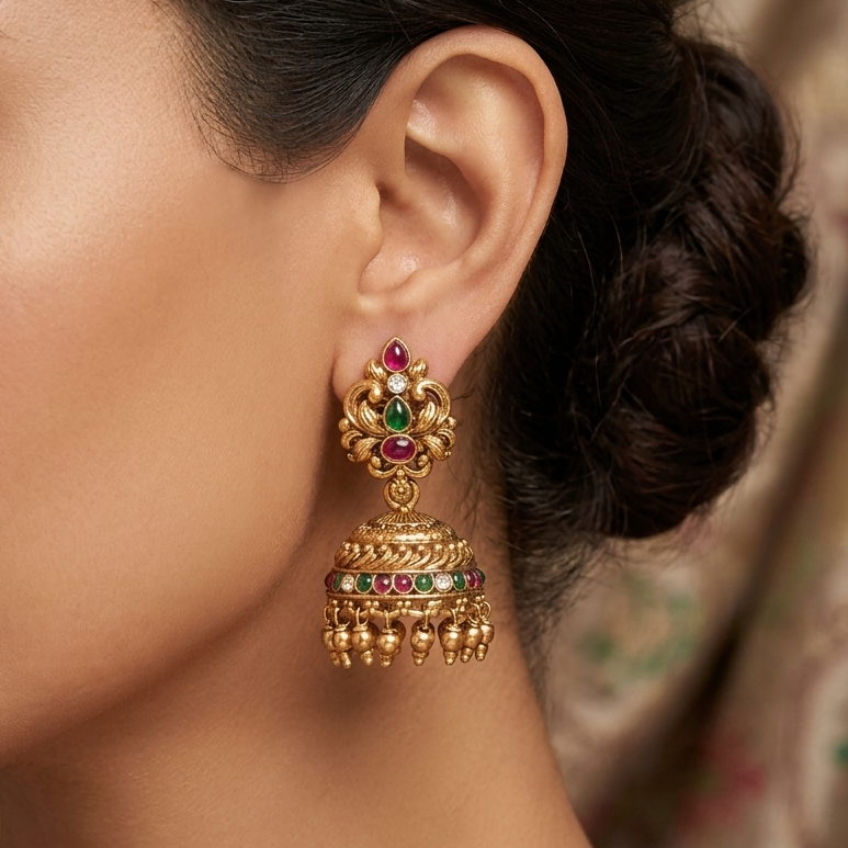 Antique Multicolor Stone Temple Jhumka