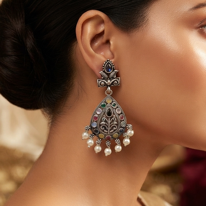 Antique Silver Multicolor Sone Drop Earrings