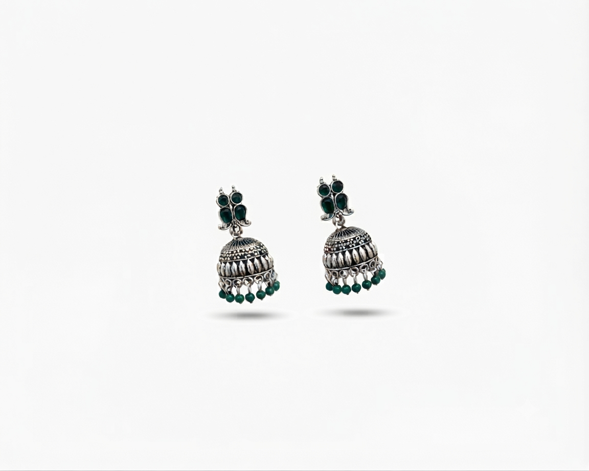 Oxidized Silver Green beads Jhumka
