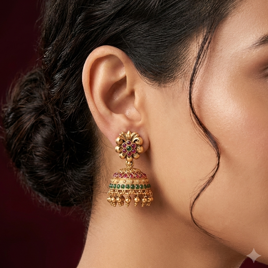 Antique Floral Multicolor Stone Jhumka
