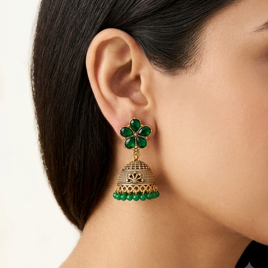 Emerald Green Floral Stone Jhumka