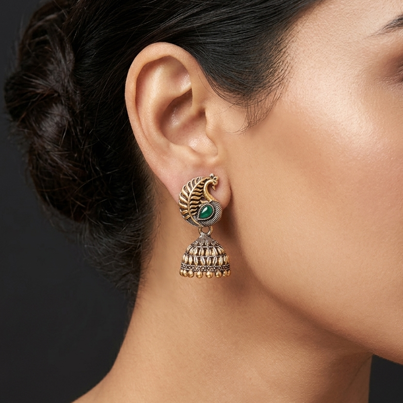 Green Peacock Motif Jhumka