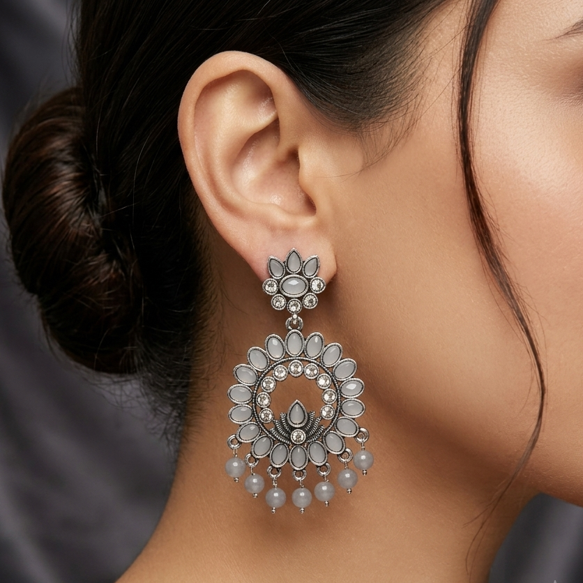 Silver Grey Stone Chandbali