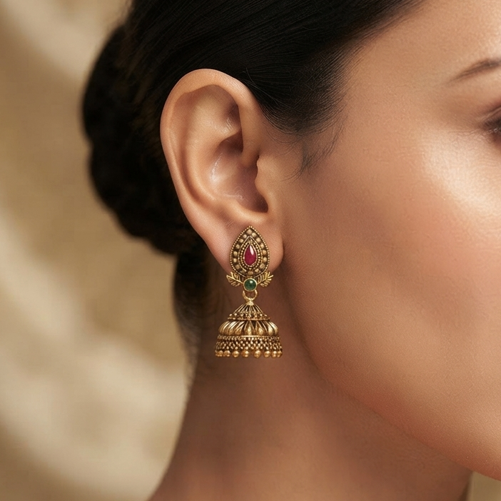 Ruby & Green Stone Gold Jhumka